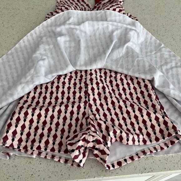 Allover Geometric Print One-piece Swimsuit, V Neck Tummy Control Skirted Bathing - Picture 3 of 6